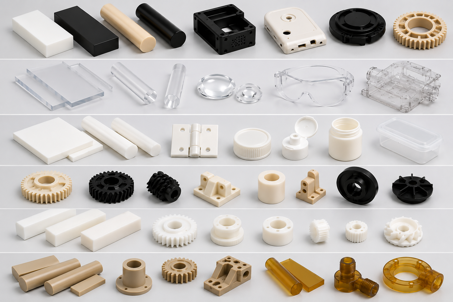 Engineering plastic materials including ABS, PC, PP, PA66, POM, PEEK and Ultem