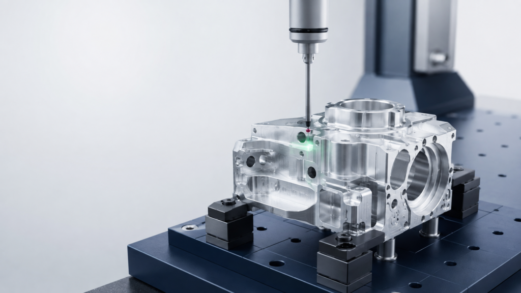 CMM inspection of a precision CNC machined aluminum component